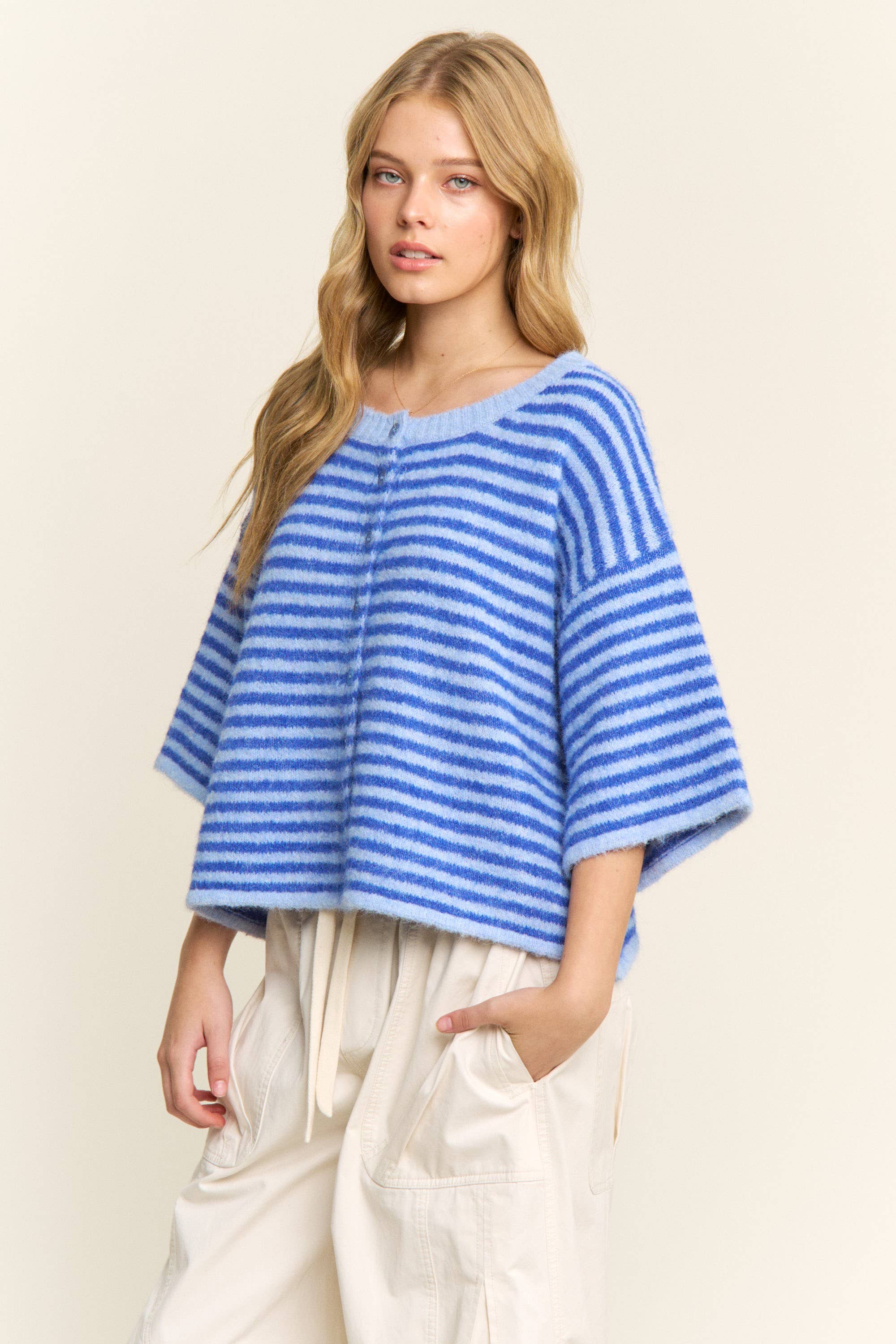 Blue Striped Cropped Soft Knit Cardigan