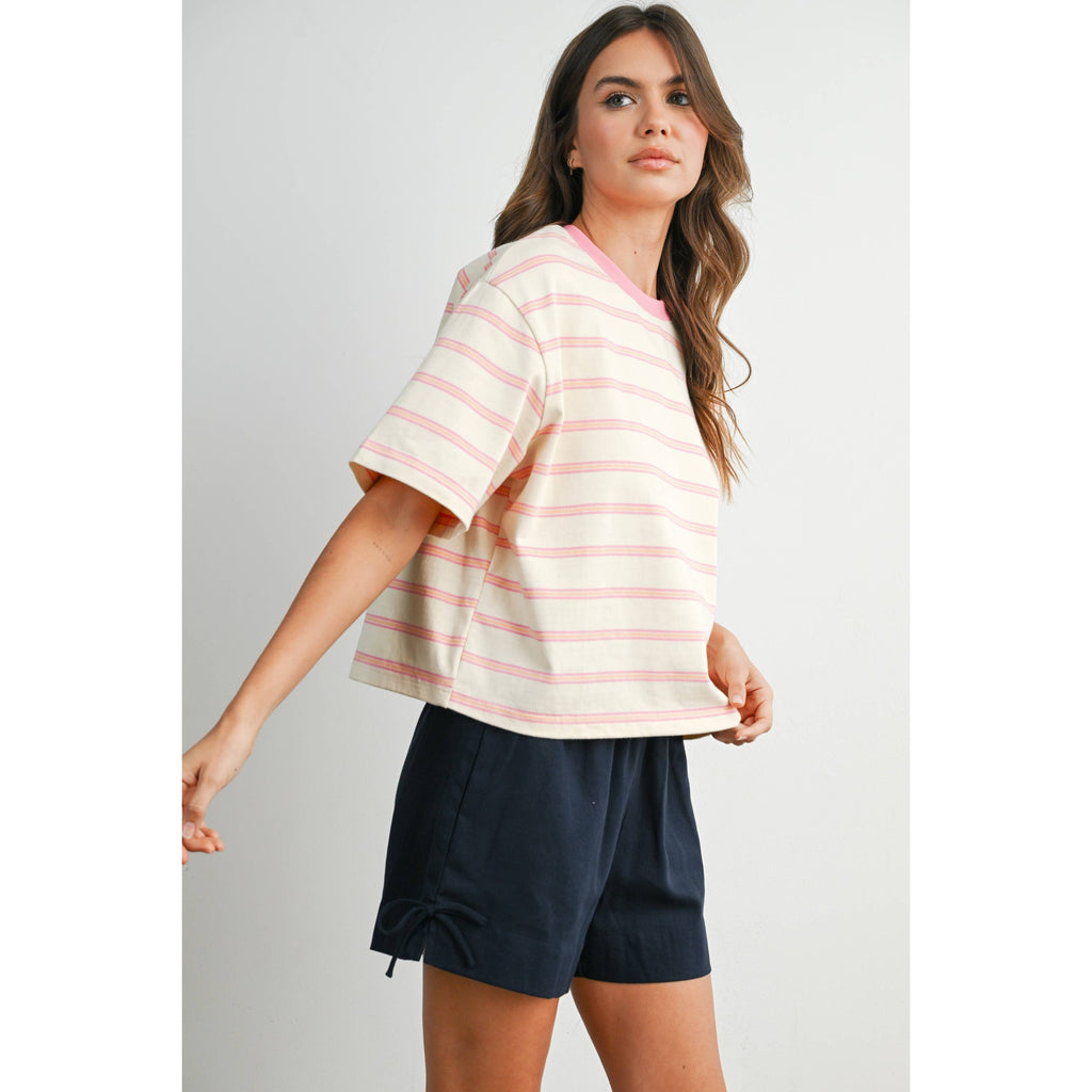 Ivory & Pink Striped Boxy Cropped T-Shirt
