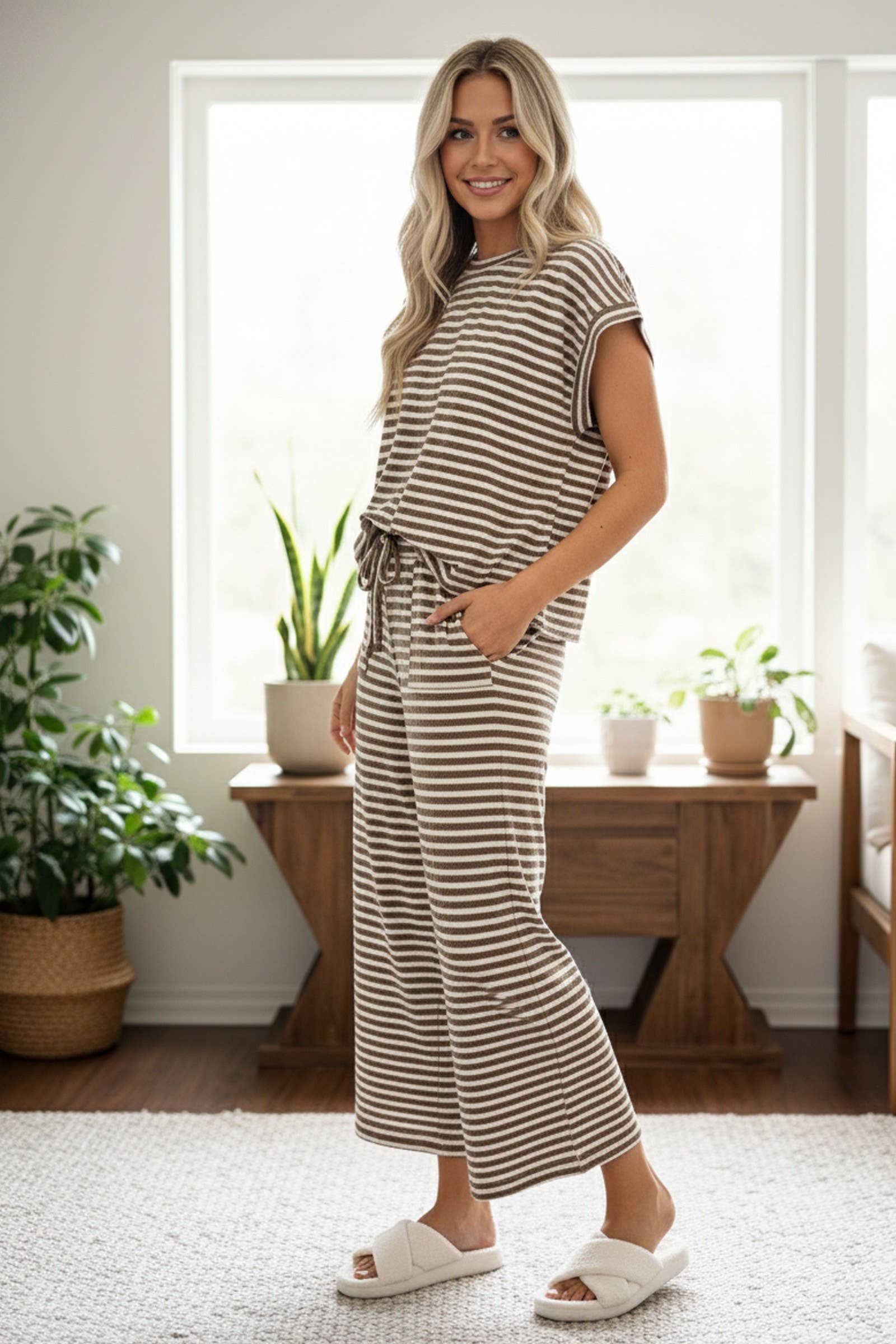 Taupe & Cream Striped Rib Pants