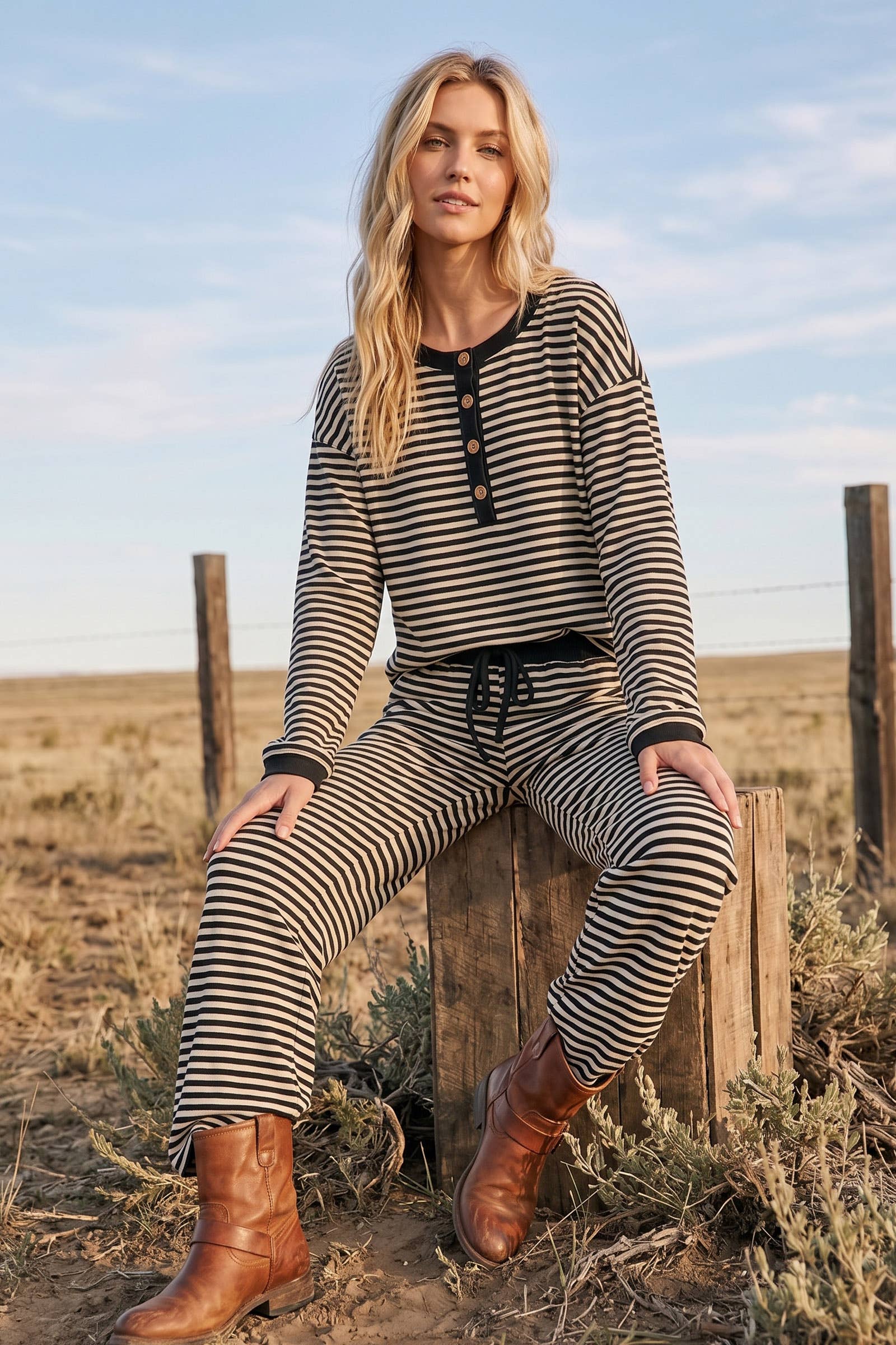 Black & White Striped Button Top