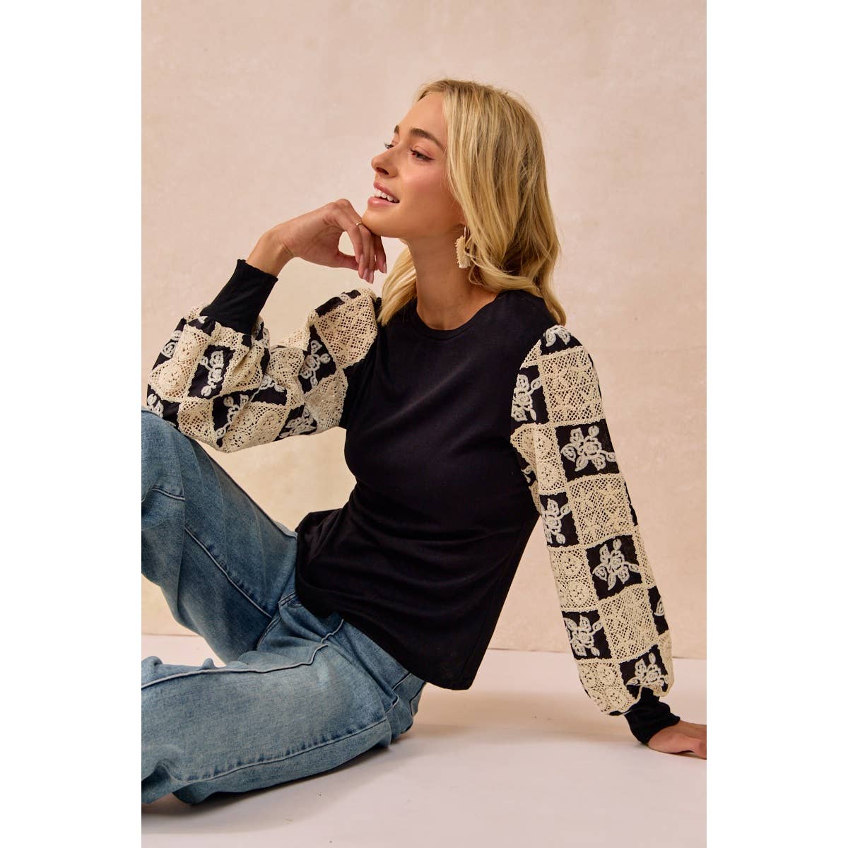 Black Flower Crochet Sleeve Top