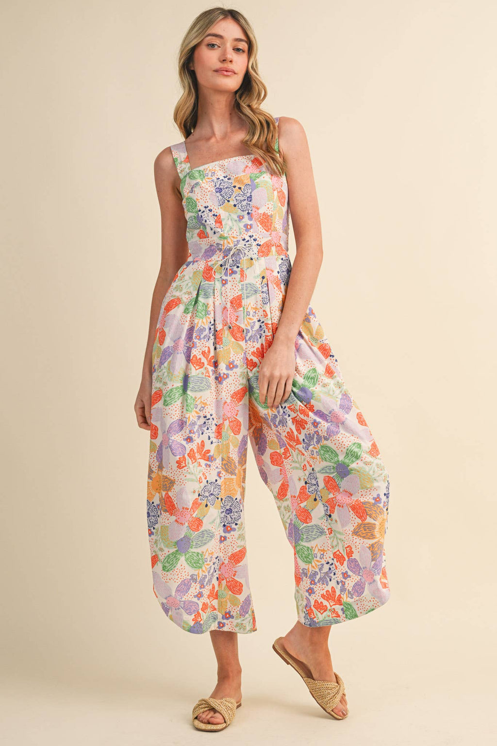 Coral Floral Pleated Wide Leg Jumpsuit