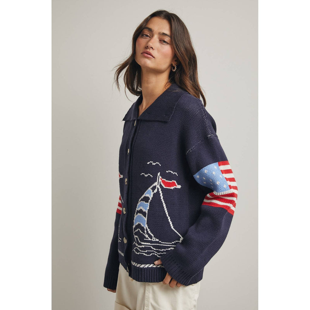 Navy Sailboat Sweater Cardigan