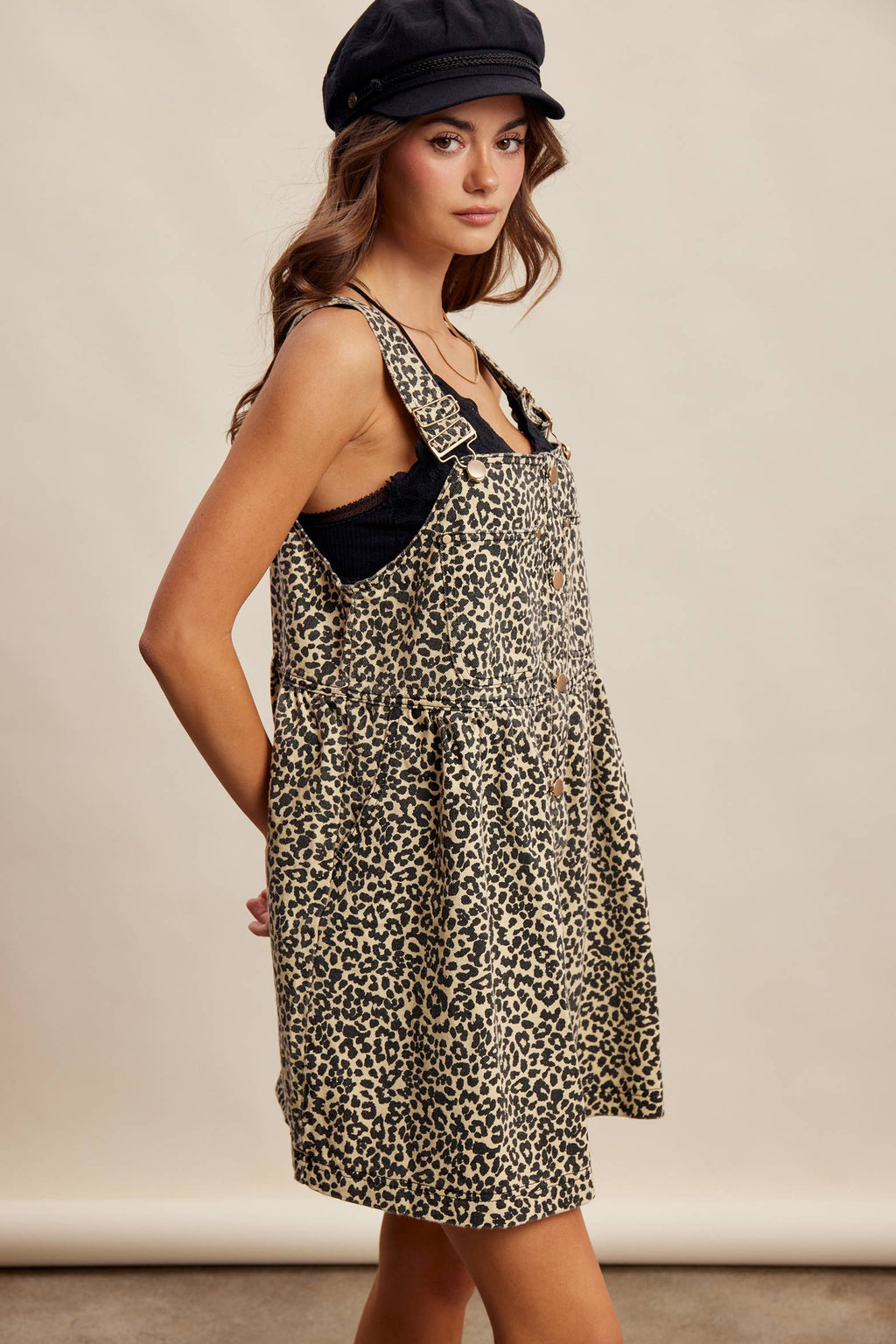 Cream Leopard Print Button-Front Overall Mini Dress