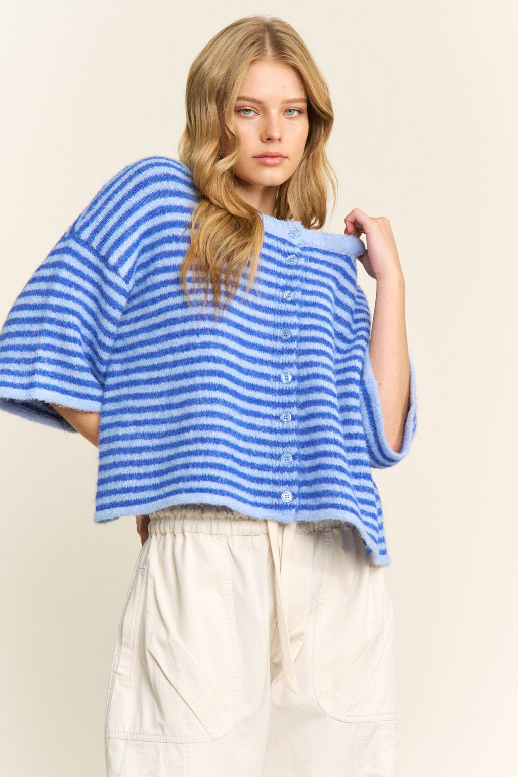 Blue Striped Cropped Soft Knit Cardigan