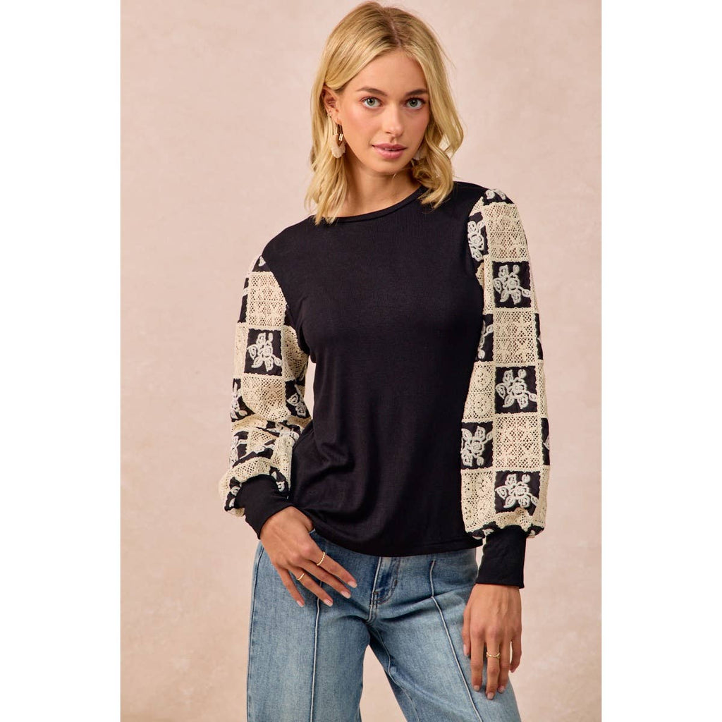 Black Flower Crochet Sleeve Top