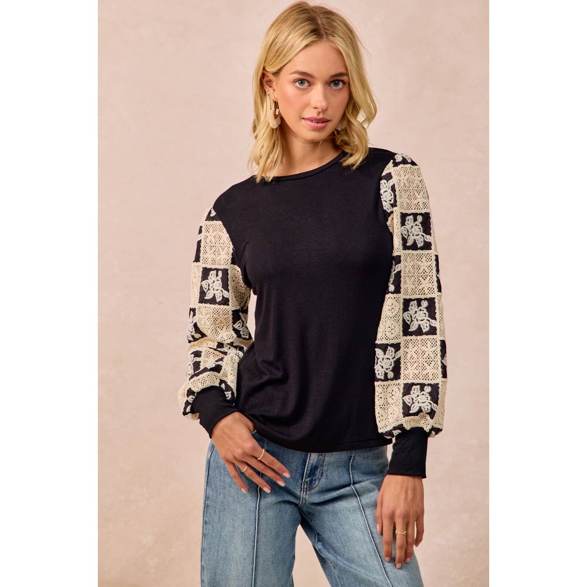 Black Flower Crochet Sleeve Top