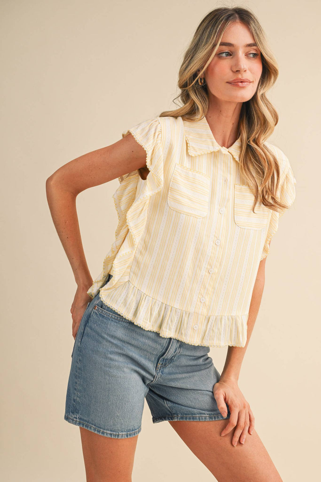 Lemon Stripe Button Down Top