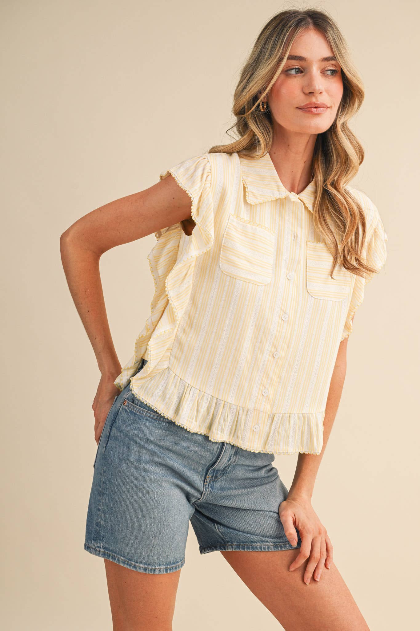 Lemon Stripe Button Down Top