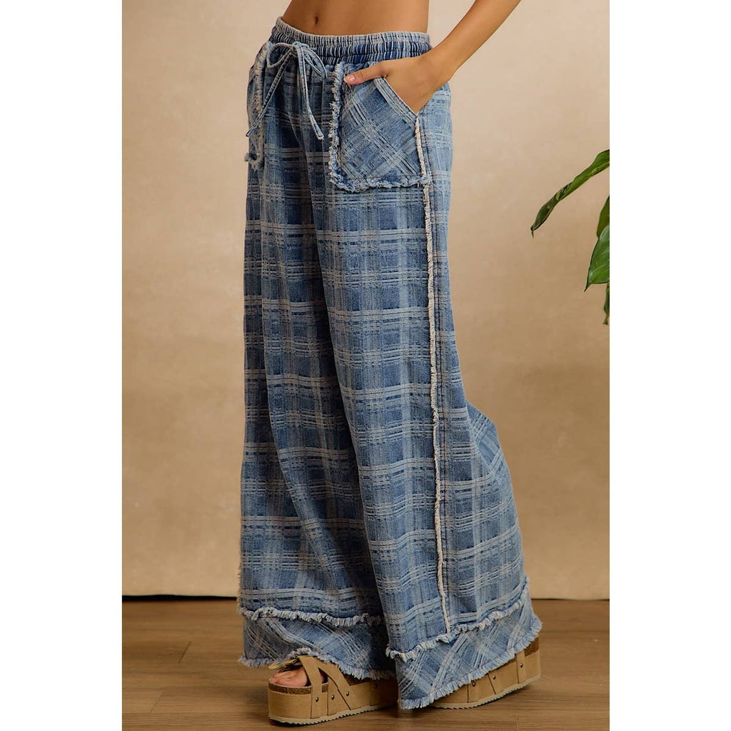 Washed Demin Plaid Wide Leg Jeans