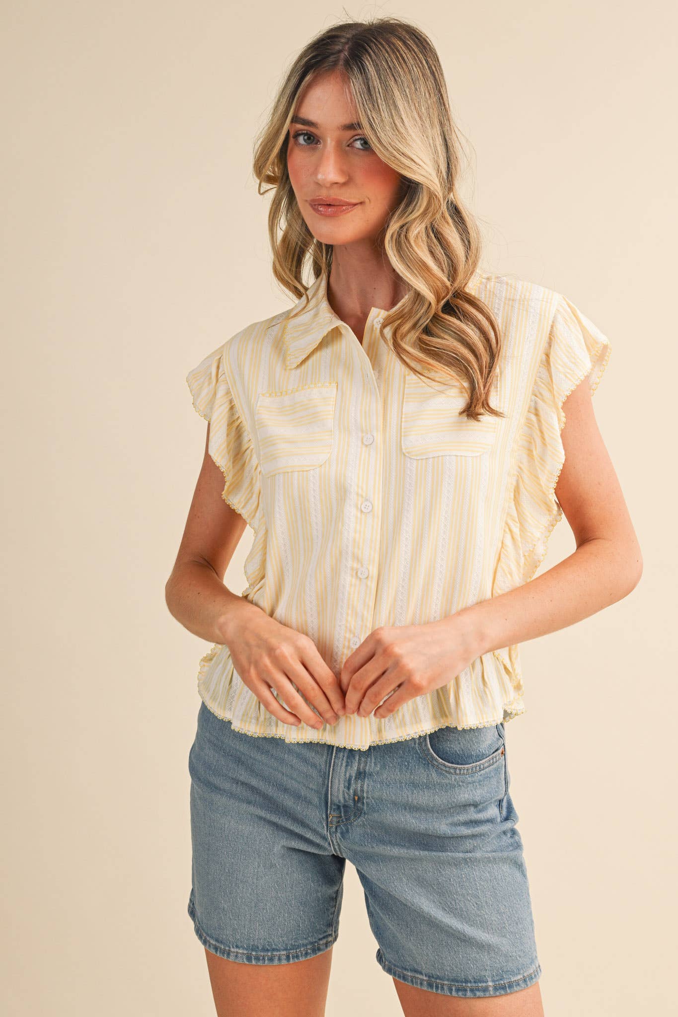 Lemon Stripe Button Down Top