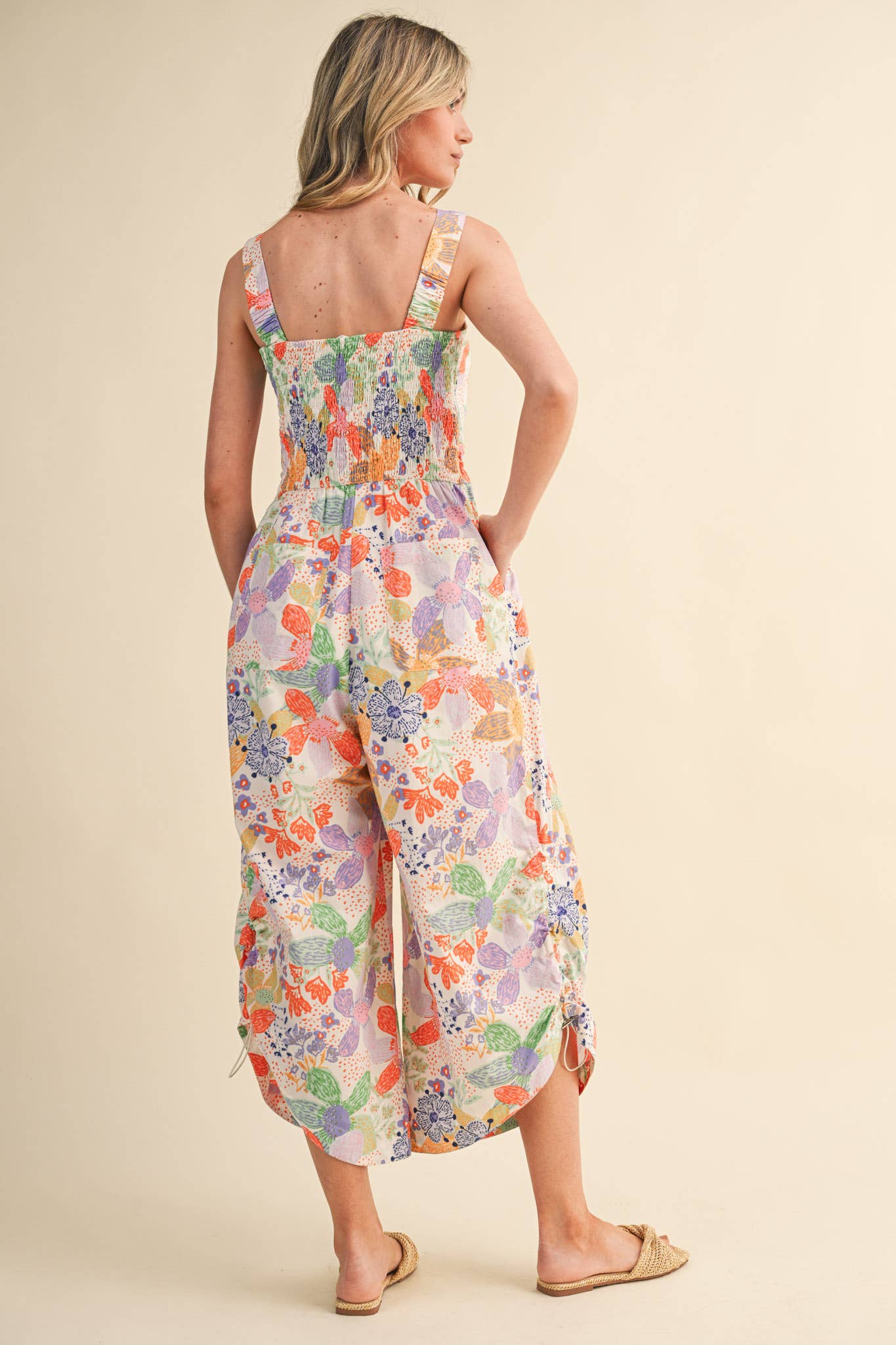Coral Floral Pleated Wide Leg Jumpsuit