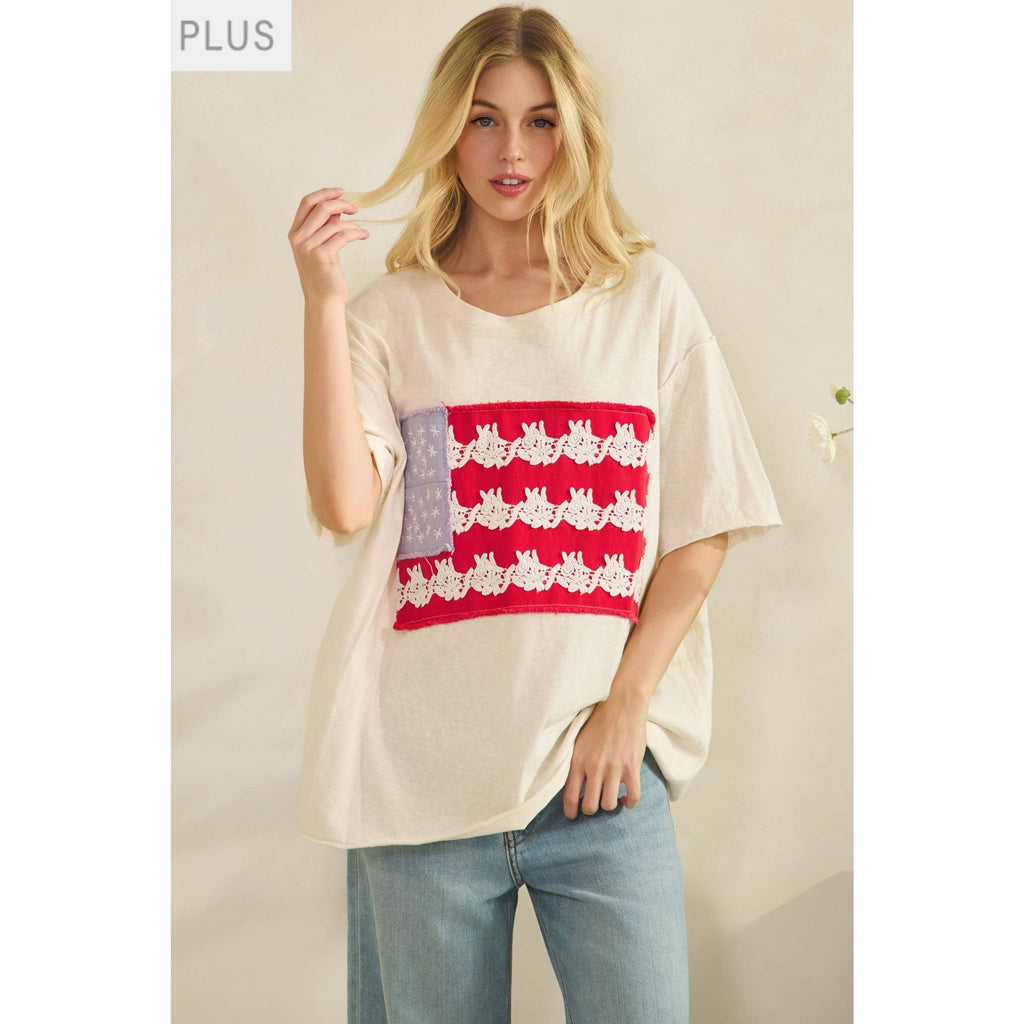 Plus Cream Lace Patched Oversized Tee