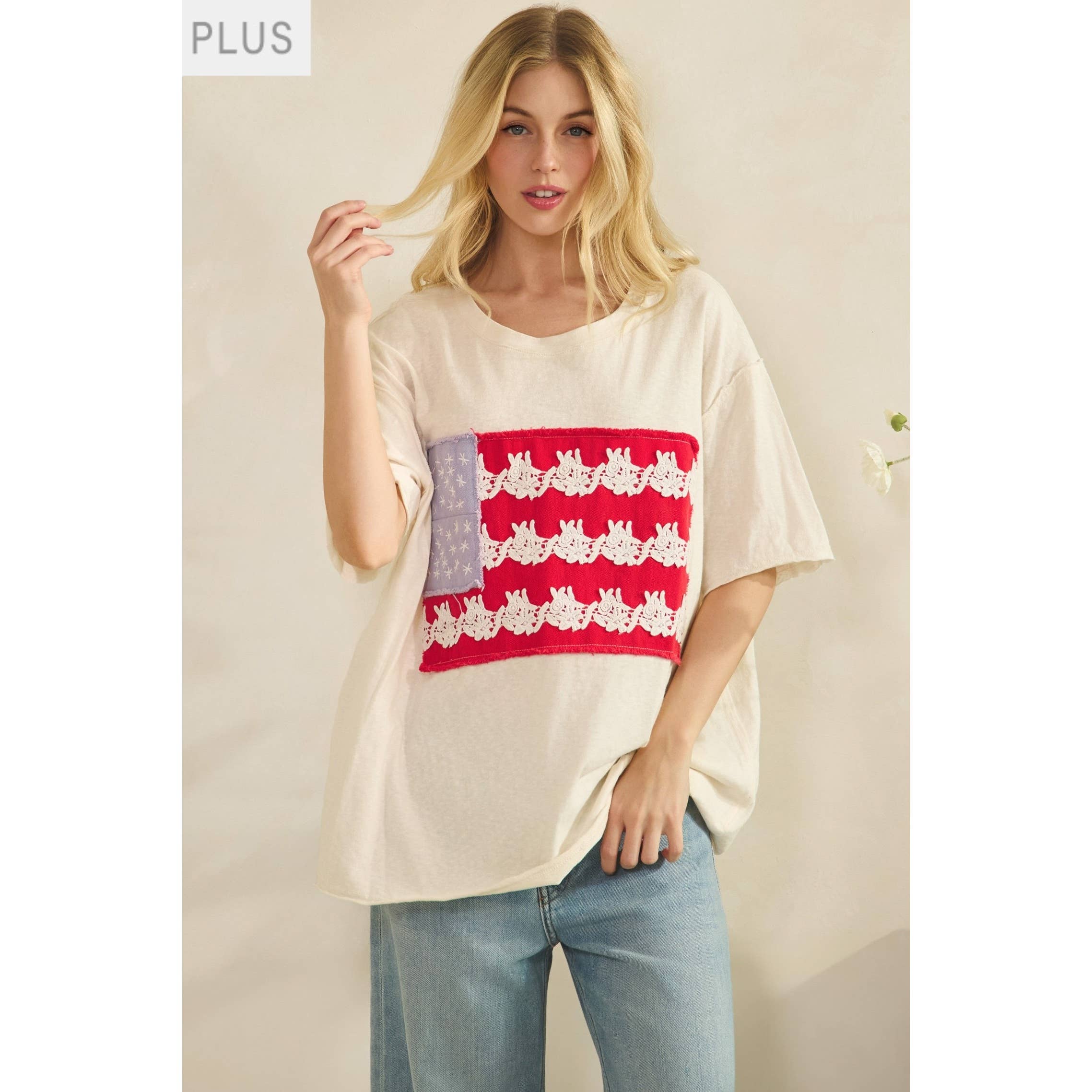 Plus Cream Lace Patched Oversized Tee