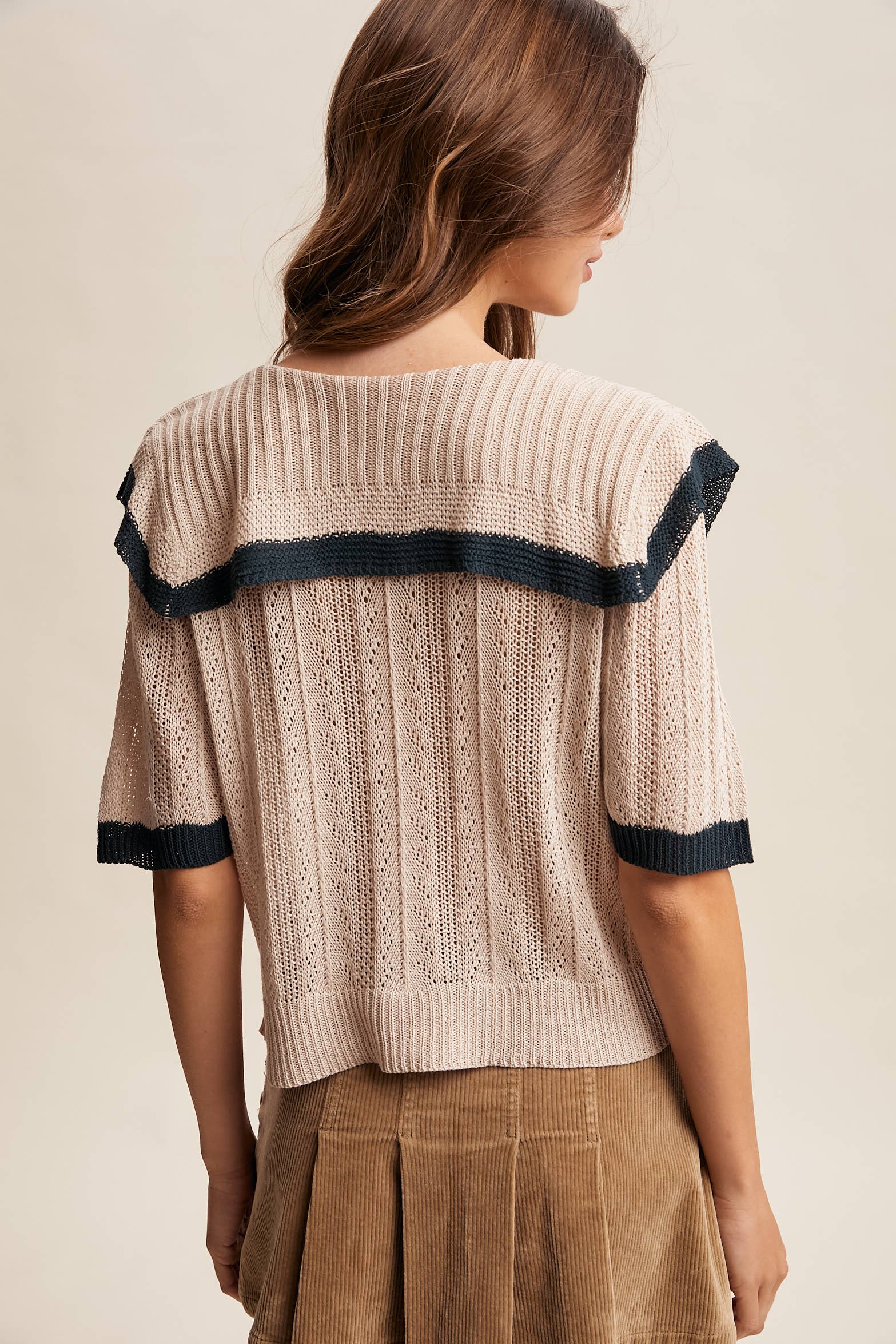 Oatmeal Knit Sailor-Collar Ribbon Top