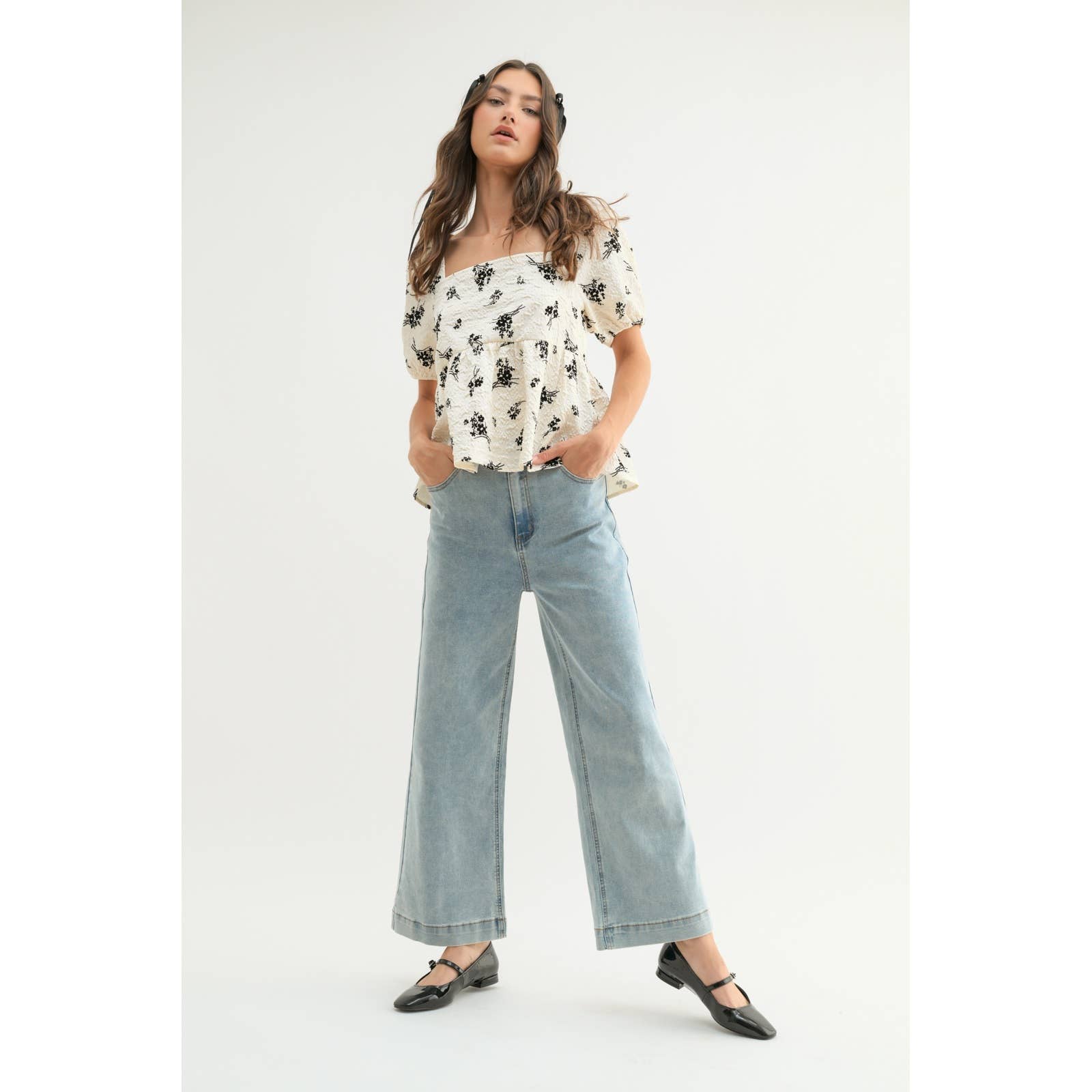 White & Black Textured Floral Puff Sleeve Blouse