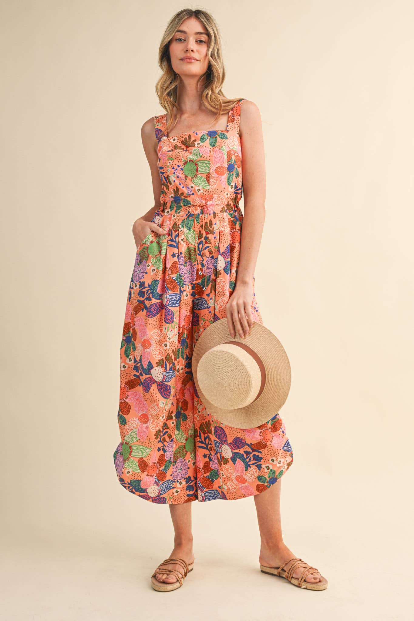 Coral Floral Pleated Wide Leg Jumpsuit