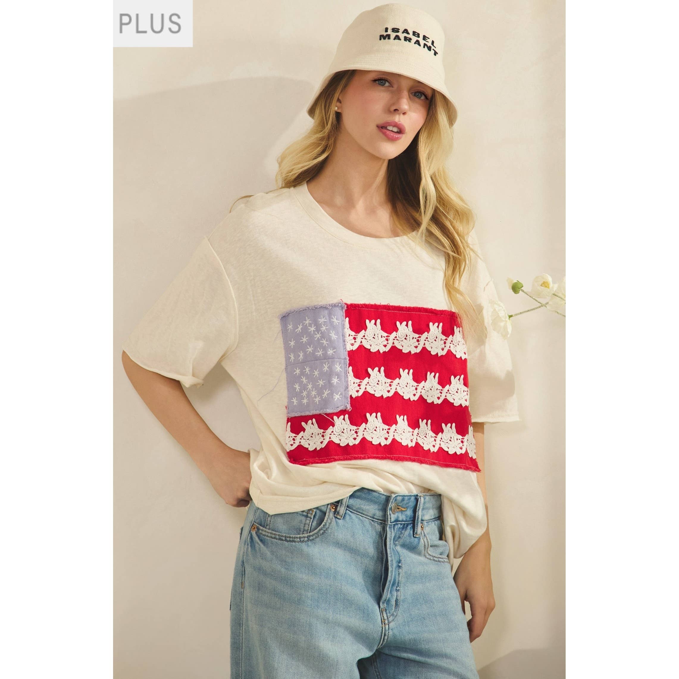 Plus Cream Lace Patched Oversized Tee