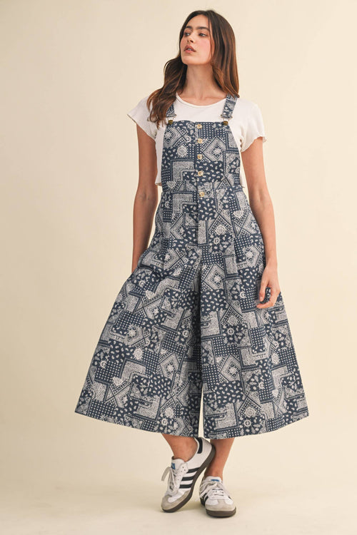 Blue & Navy Bandana Print Overalls