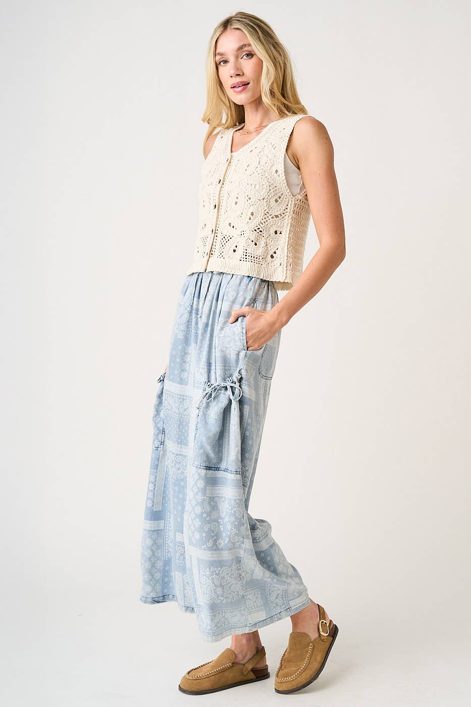 Light Denim Paisley Print Wide Leg Pants