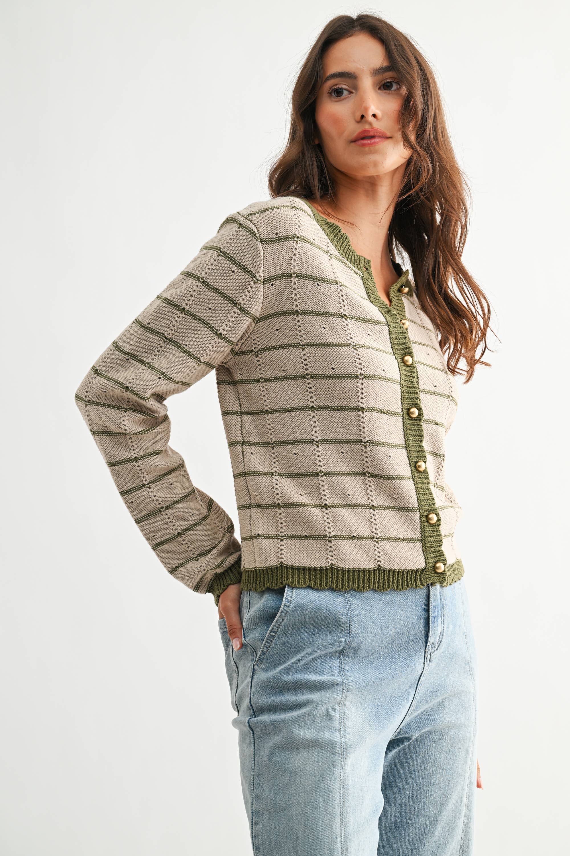 Taupe & Olive Trim Button-Up Cardigan