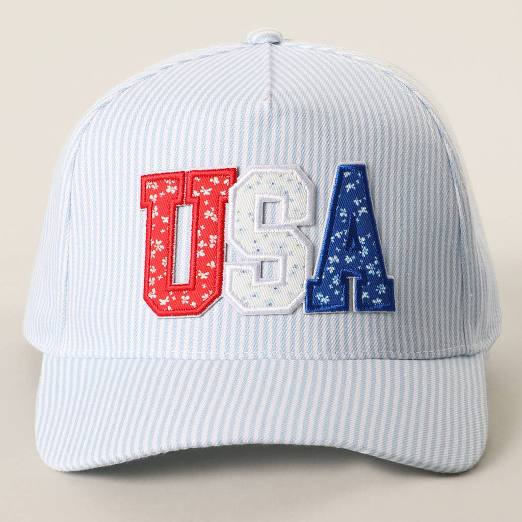 Blue USA Letter Patch Striped Trucker Hat