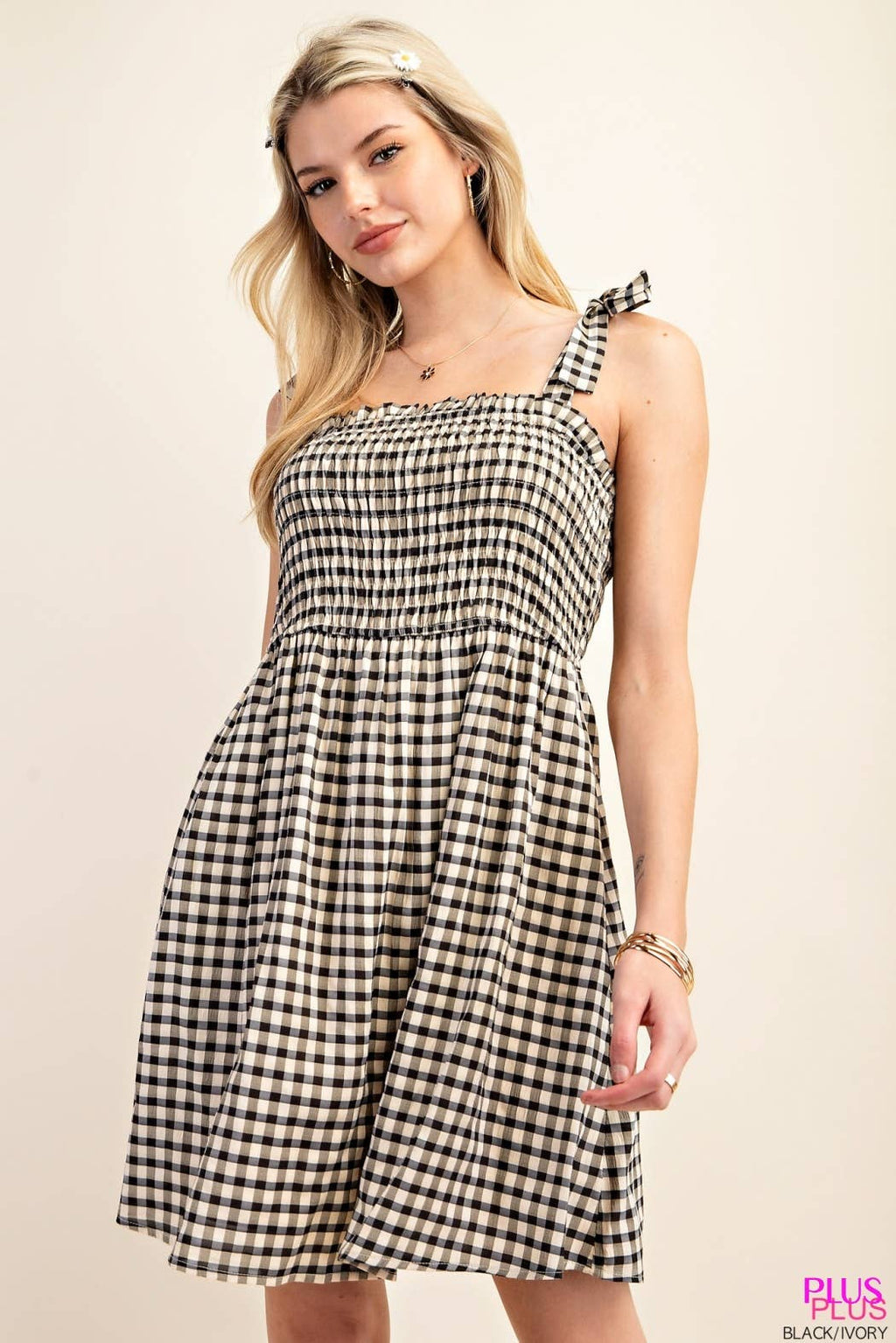 Plus Gingham Smocked Mini Dress