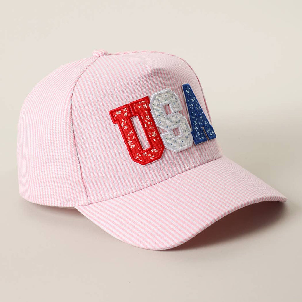 Pink USA Letter Patch Striped Trucker Hat
