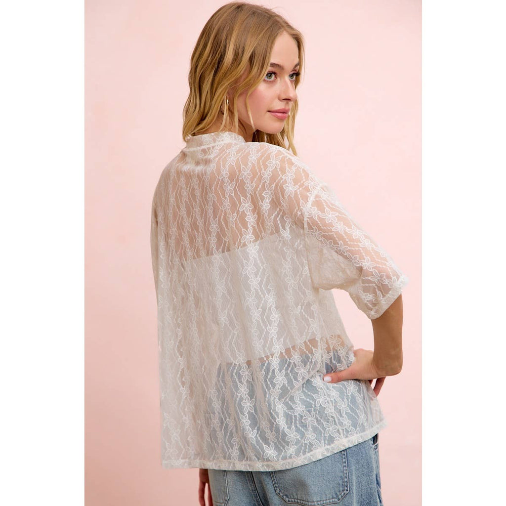 Cream Floral Boxy Mesh Top
