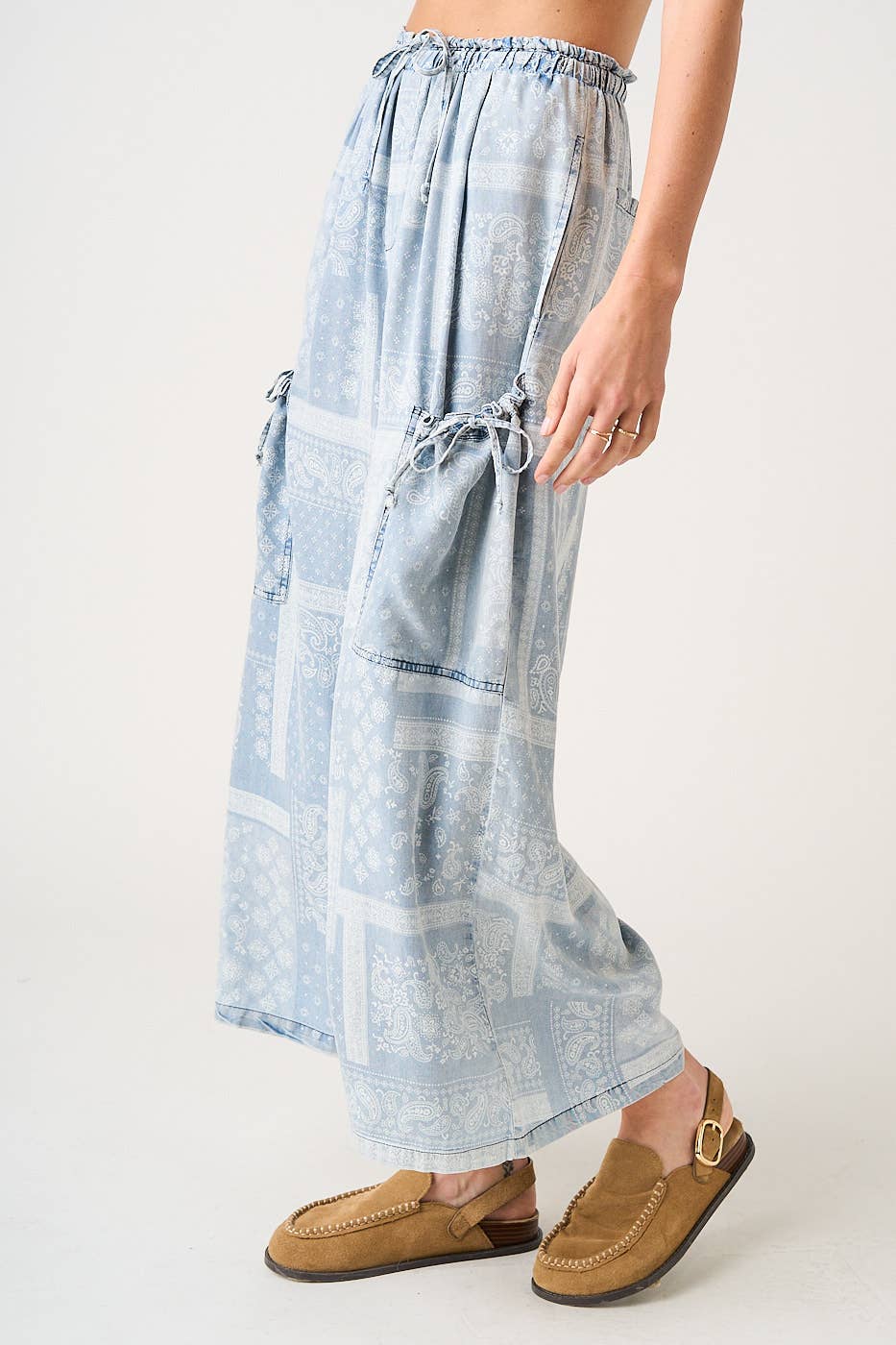 Light Denim Paisley Print Wide Leg Pants