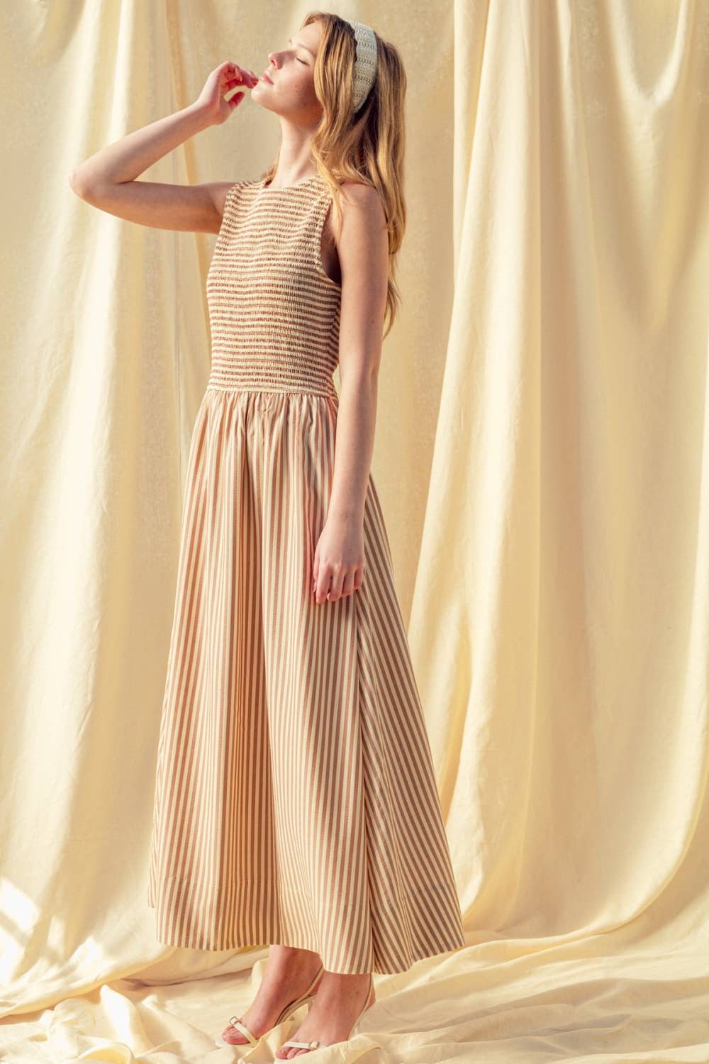 Brown Striped Smocked Top Dress