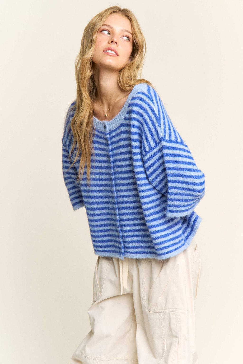 Blue Striped Cropped Soft Knit Cardigan