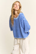 Blue Striped Cropped Soft Knit Cardigan
