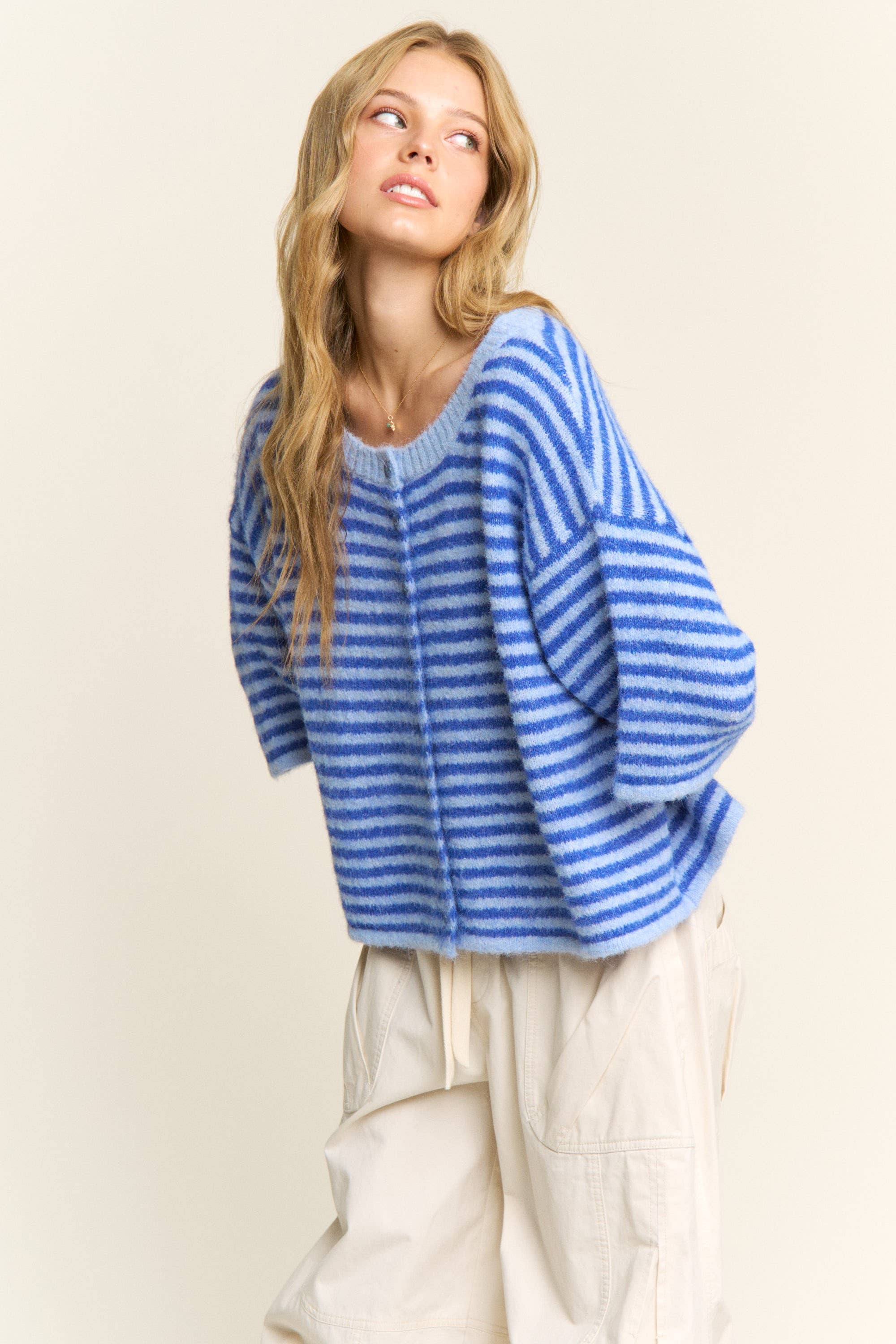 Blue Striped Cropped Soft Knit Cardigan