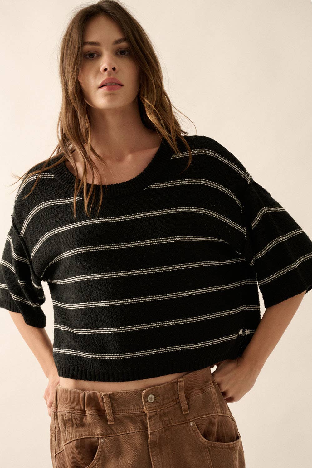 Striped Boat Neck 3/4 Sleeve Sweater