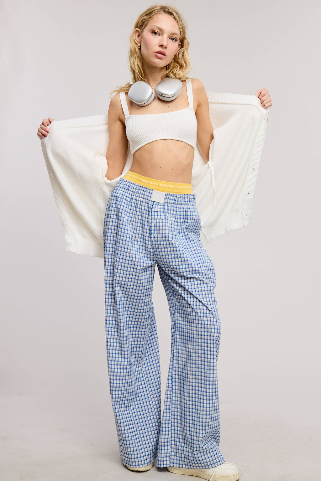 Blue Mid-Low Rise Elastic Waistband Gingham Pants