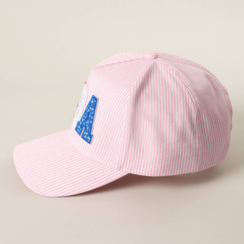 Pink USA Letter Patch Striped Trucker Hat