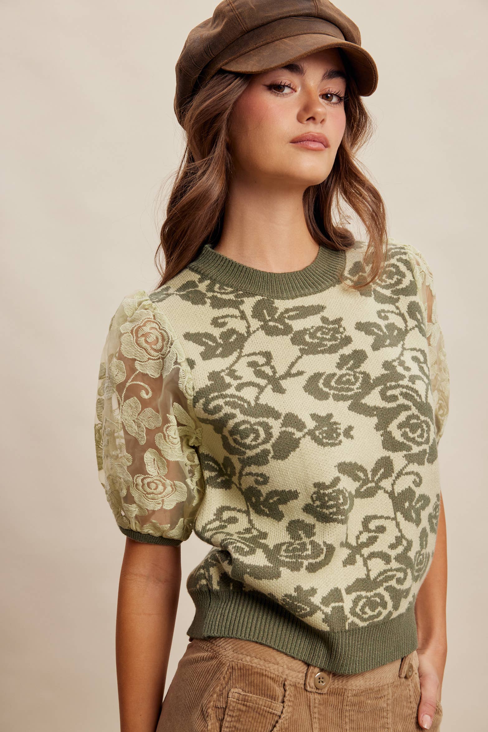 Sage Green Rose Embroidered Knit Top