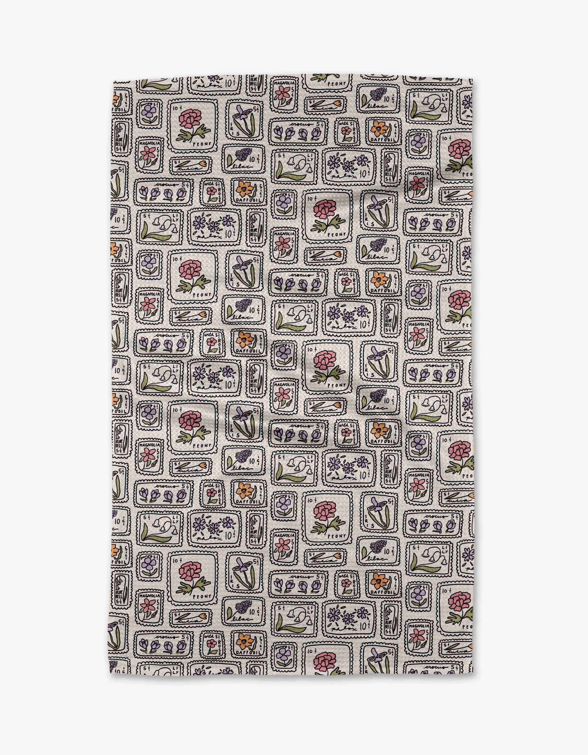 Floral Postage Stamps Tea Towel