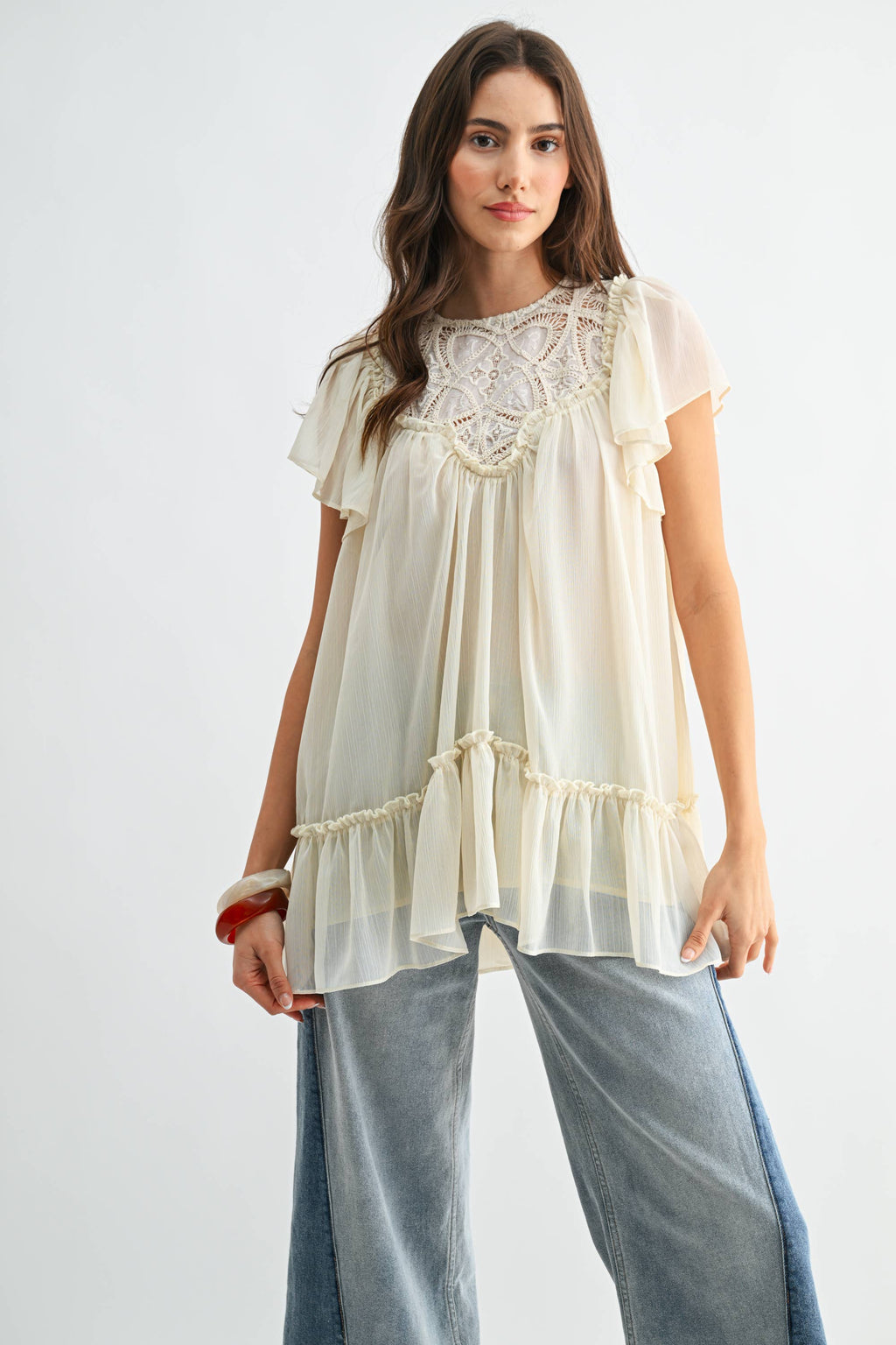 Cream Sheer Lace Yoke Ruffle Sleeve Blouse