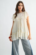 Cream Sheer Lace Yoke Ruffle Sleeve Blouse