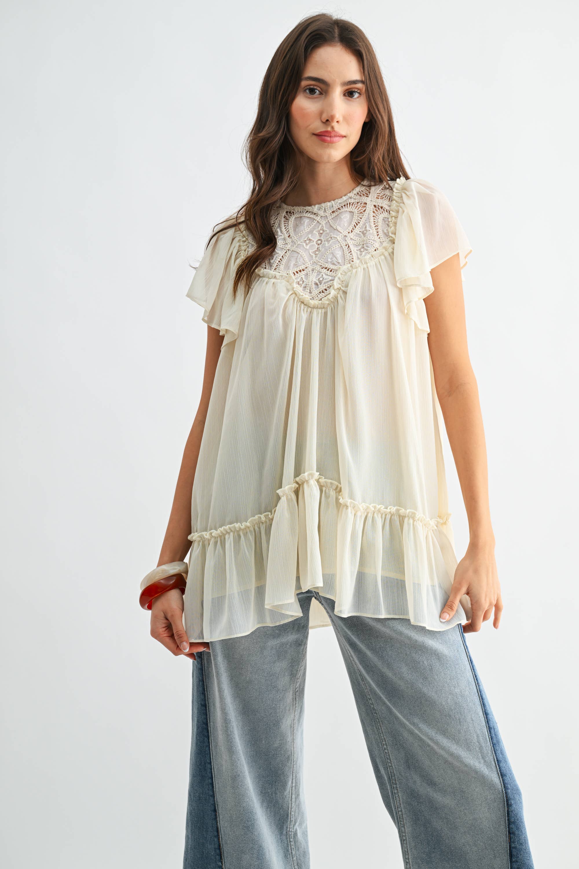 Cream Sheer Lace Yoke Ruffle Sleeve Blouse