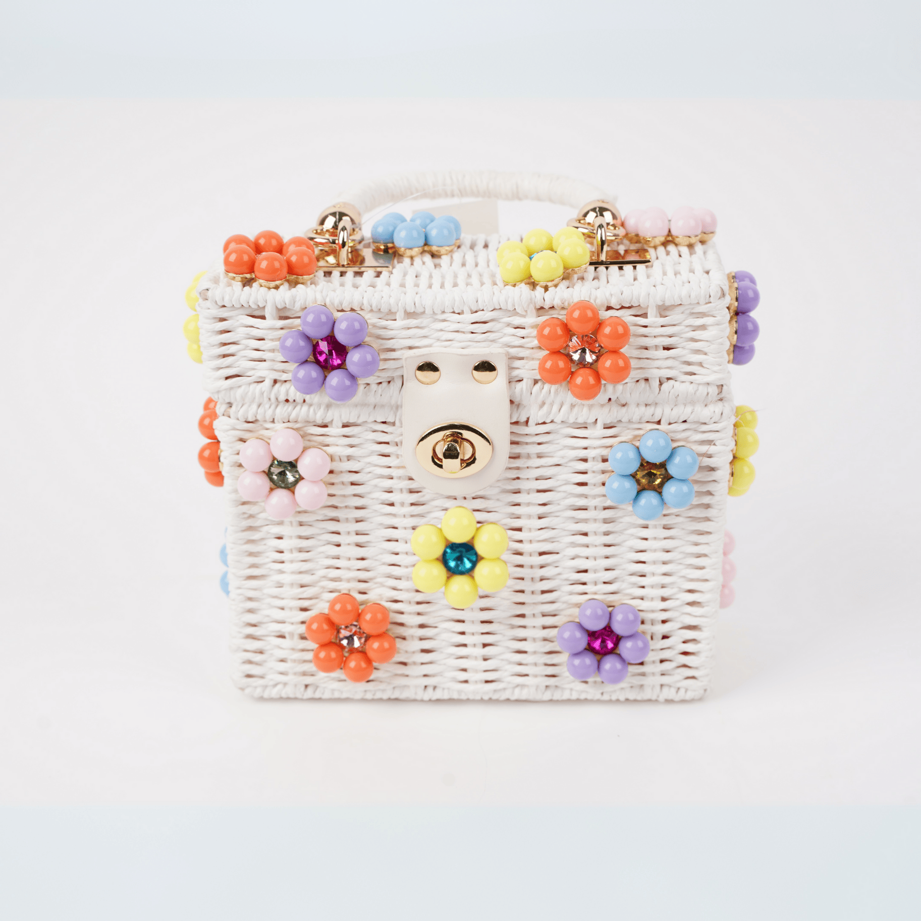 White & Multicolor Wicker Bucket Daisy Flower Purse