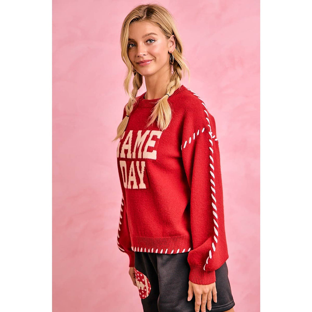 Red Gameday Contrast Stitch Sweater