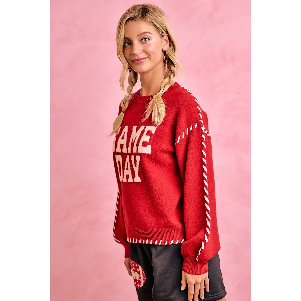 Red Gameday Contrast Stitch Sweater