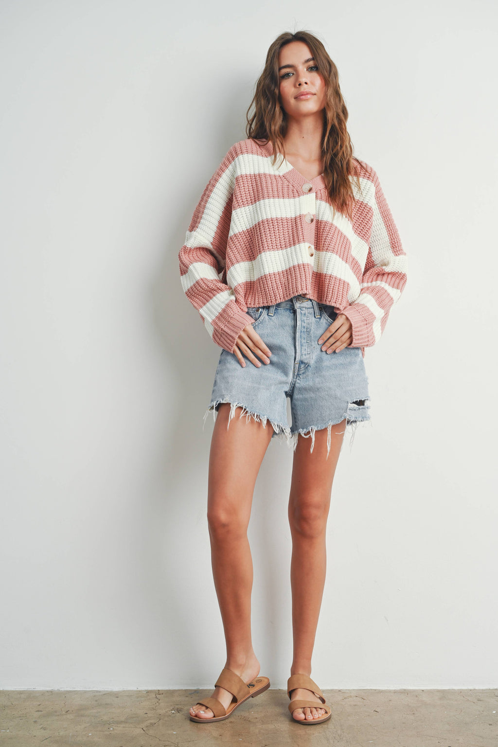 Mauve & Ivory Striped V-Neck Cardigan With Buttons