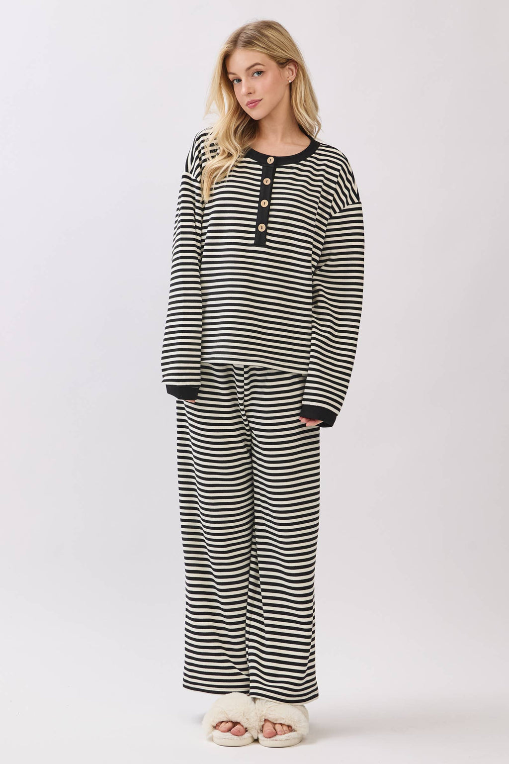 Black & White Striped Button Top