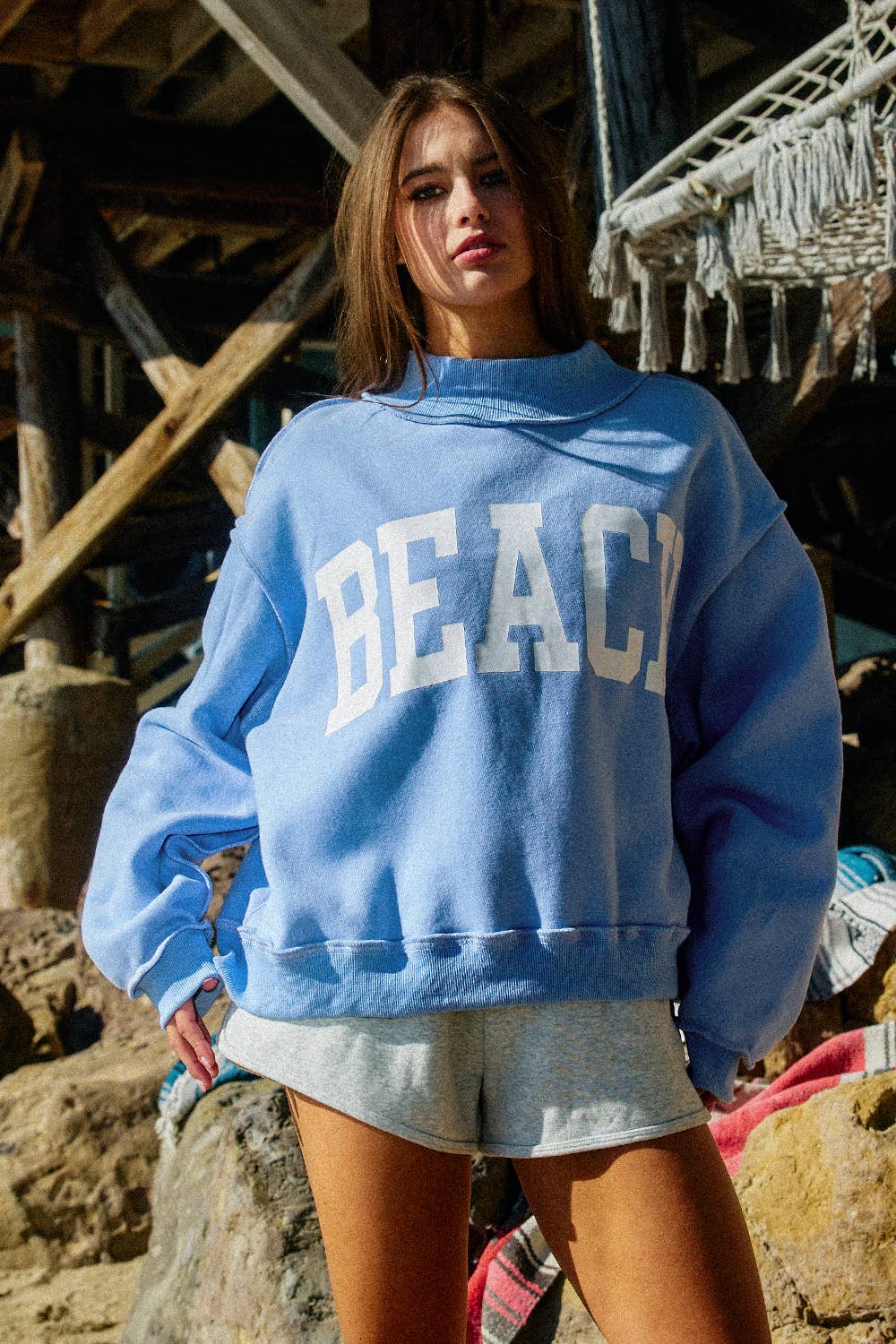 Blue Reversible Mock-neck Crop Sweatshirt