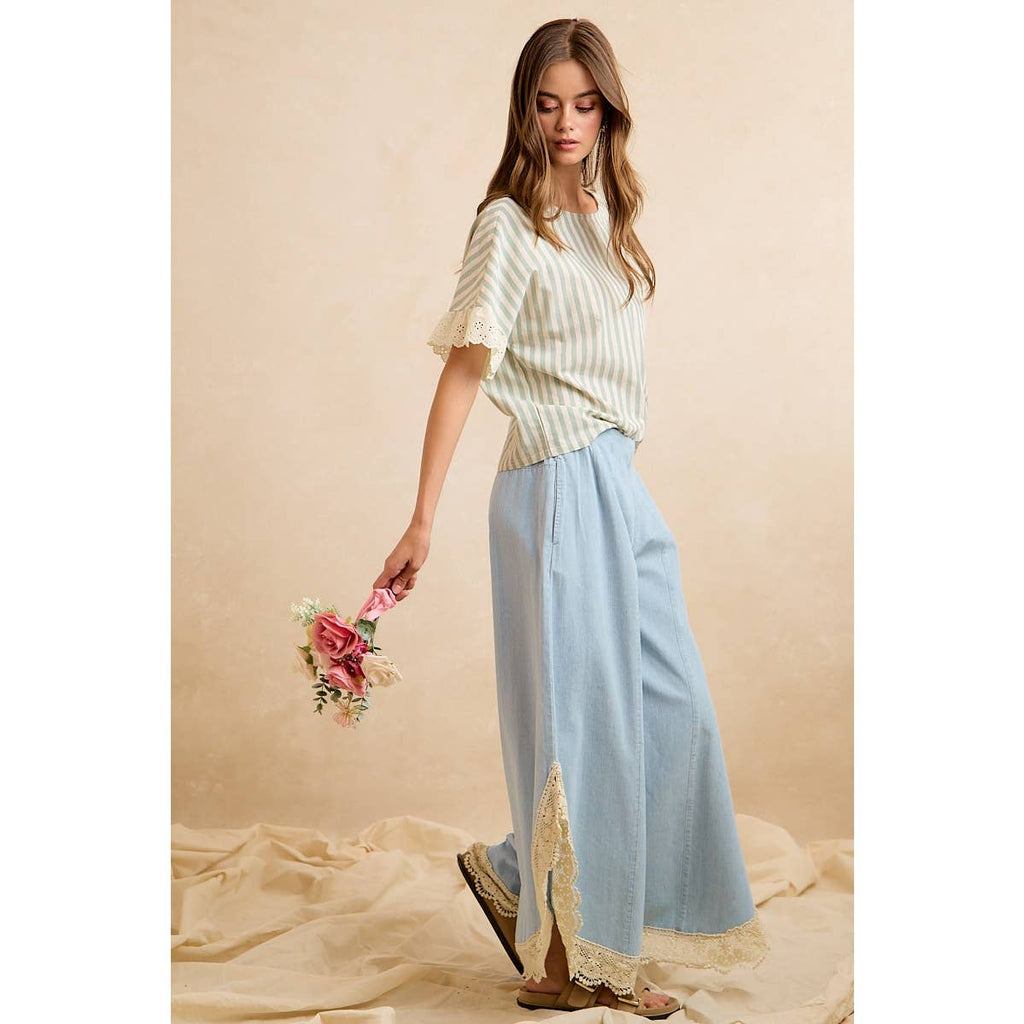 Denim Wide Leg Lace Tulip Hem Jeans