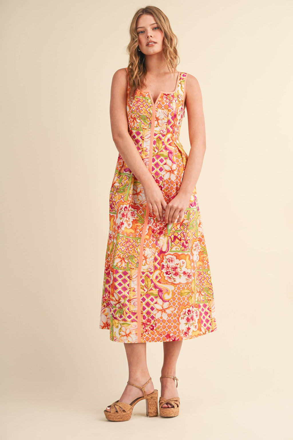 Ivory Pink Floral Midi Dress